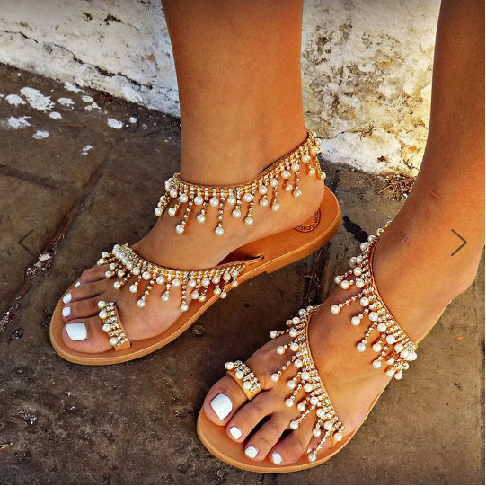 W&W Mode | Orthopädische Sandalen Flache Perle Bequeme String Perlen Hausschuhe