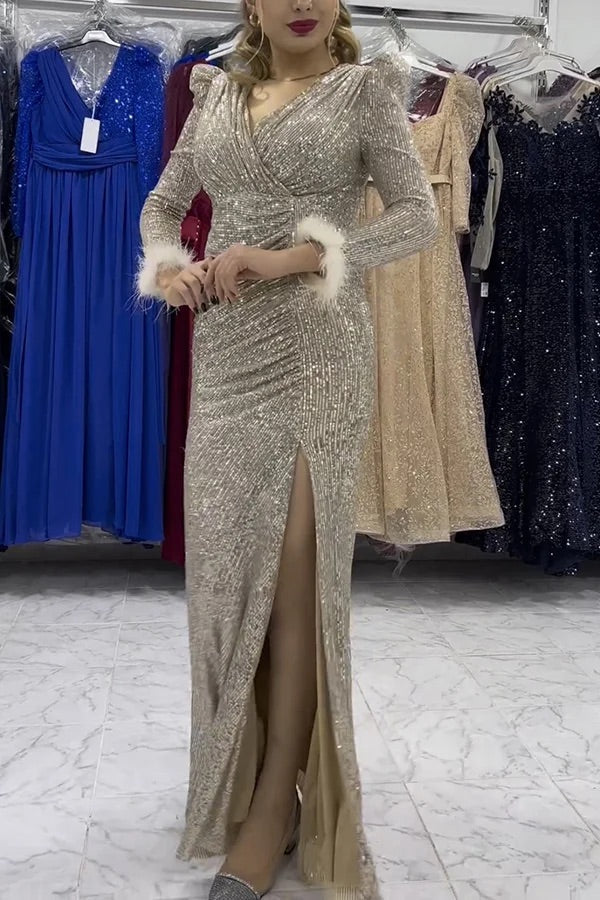 WW | Sparkle World Pailletten Federbesatz Ärmel Schlitz Abend Maxikleid
