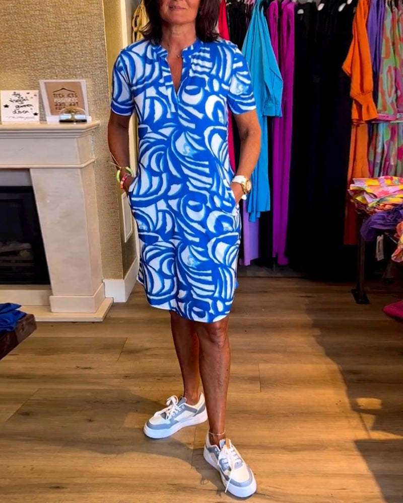 W&W Mode | Kurzärmeliges Damenkleid Mit V-ausschnitt Und Print
