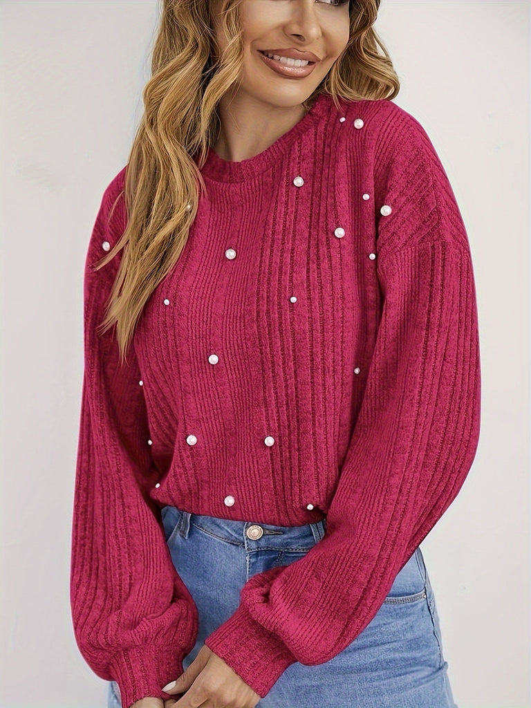 WW | Gerippter Pullover mit Rundhalsausschnitt und Perlen-Dekoration