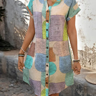 WW | Sommerhemd mit Geometrischem Druck V-Ausschnitt und Knopfverschluss Elegantes Midikleid