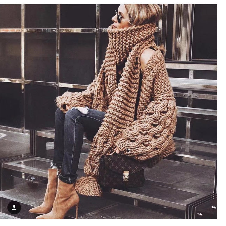 Damen Grob gestrickter Oversized Cardigan mit voluminösen Ärmeln W&W Mode
