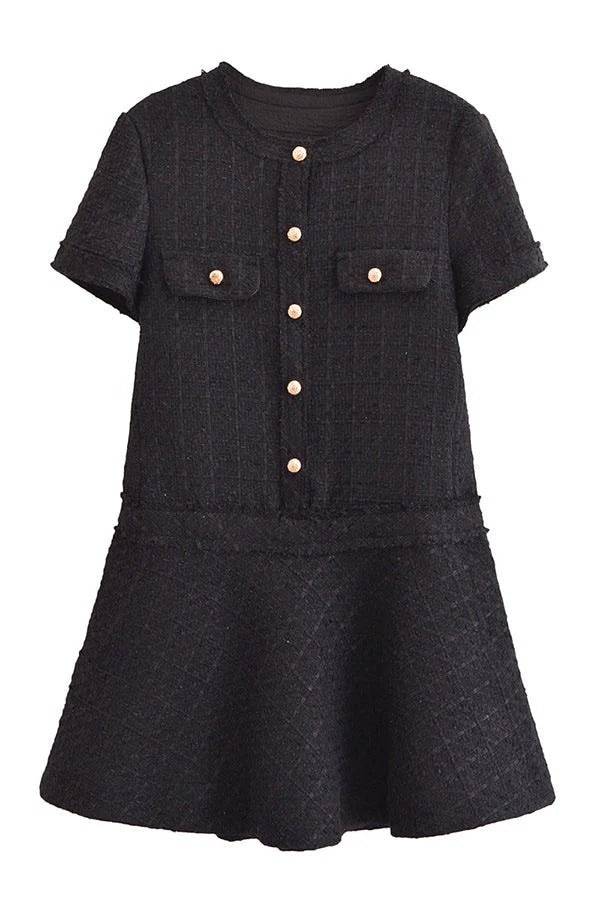 WW | 1960Er London Girl Tweed-Texturiertes Kurzärmliges Kleid mit Goldknöpfen und Taschen