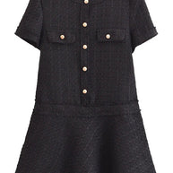 WW | 1960Er London Girl Tweed-Texturiertes Kurzärmliges Kleid mit Goldknöpfen und Taschen