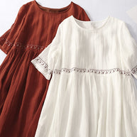 WW | Damen Besticktes Baumwoll Leinen Kleid