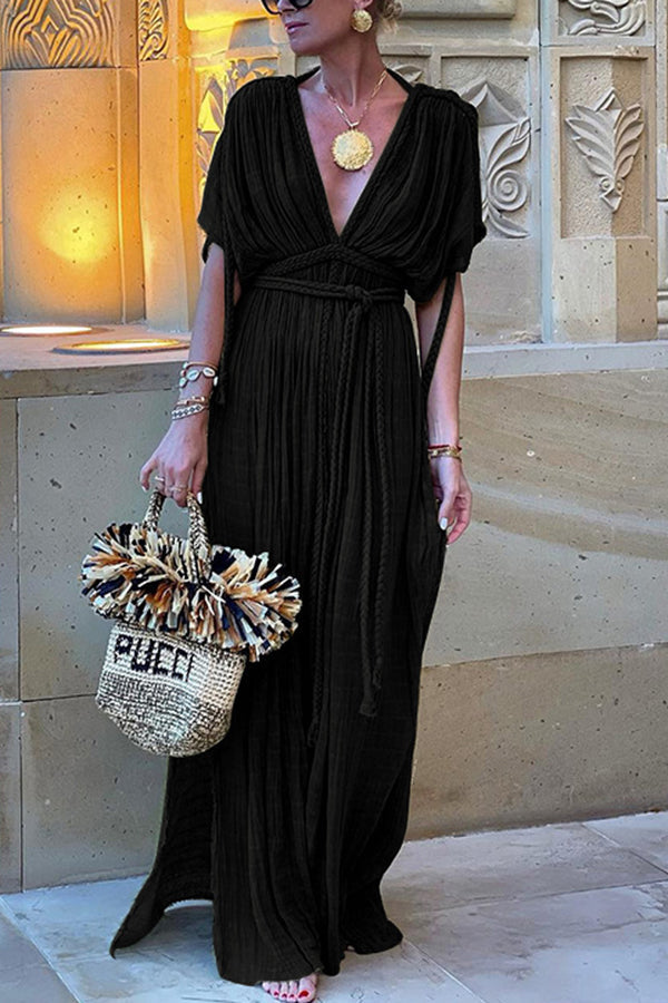 W&W Mode Kimono-Maxikleid aus Leinenmischung im griechischen Stil mit Zöpfen und Schlitz