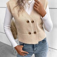 WW | Stilvolle Herbst Klassische Knopfverschluss V-Hals Pullover Weste Für Frauen