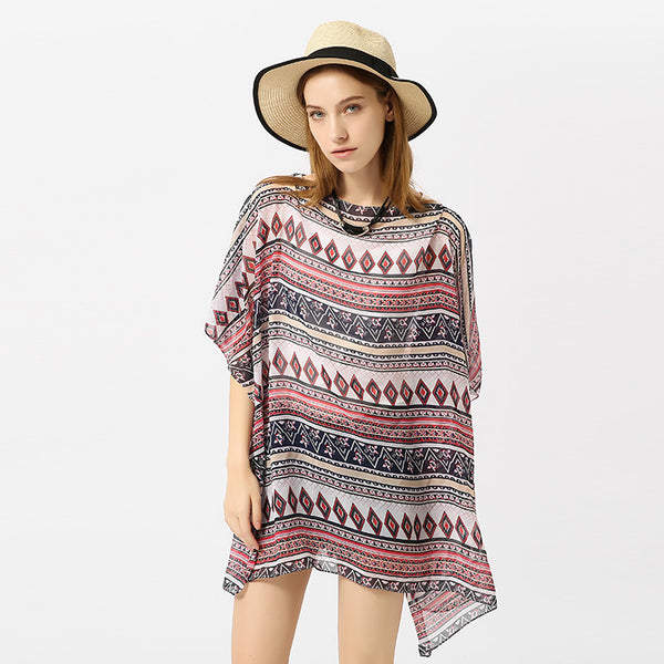 Damen Chiffon Kimono mit buntem geometrischem Design und asymmetrischem Saum WW