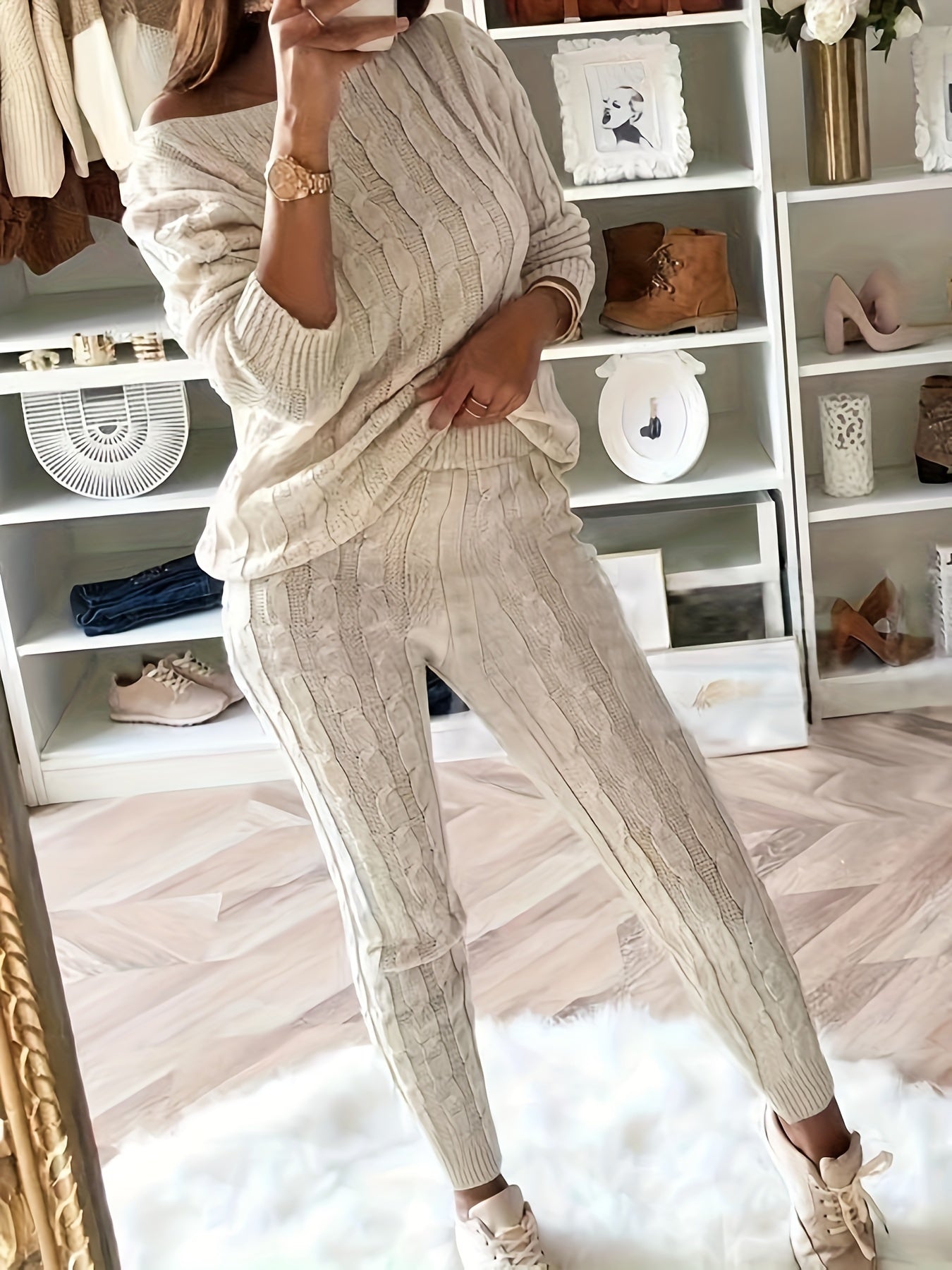 WW Gestricktes Passendes Sweatshirt & Hosen Outfits Zweiteiliges Set