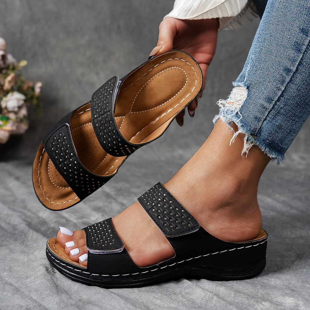 WW | Damen Sandalen Auf Keilabsatz: Goldene, mit Kristallen, Rutschfeste, Komfortable, Elegante, Sommerliche