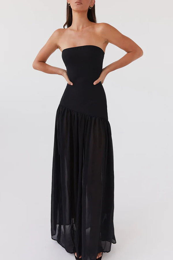 WW | Eden Patchwork Semi-Transparent Chiffon Strapless Maxi-Kleid