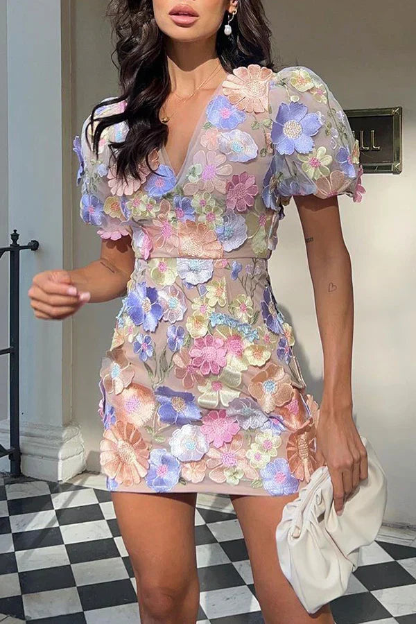W&W Mode | Blumen Minikleid Mit Puffärmeln Für Frauen