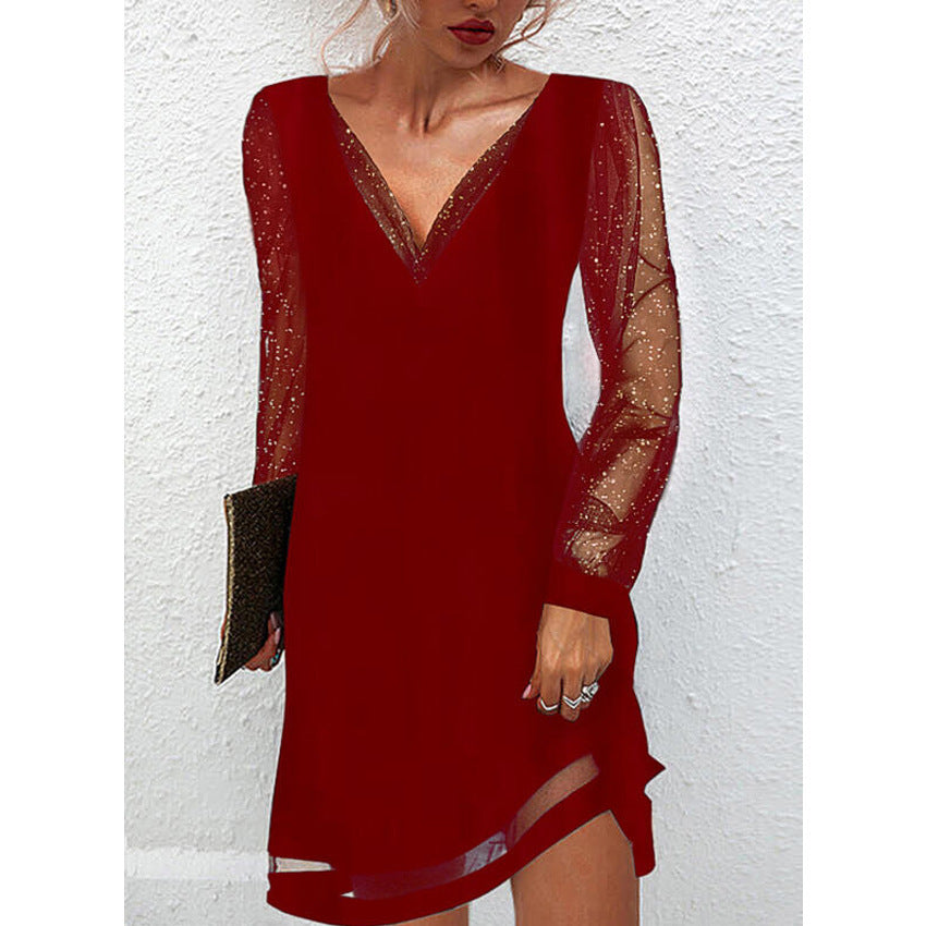 W&W Mode | Solides Kleid Mit Spitzenbesatz Und V-Ausschnitt