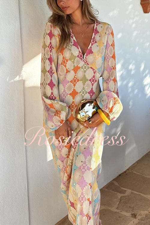 WW | Rosiedress V-Ausschnitt Laternenärmel Geometrischer Druck Maxi-Kleid