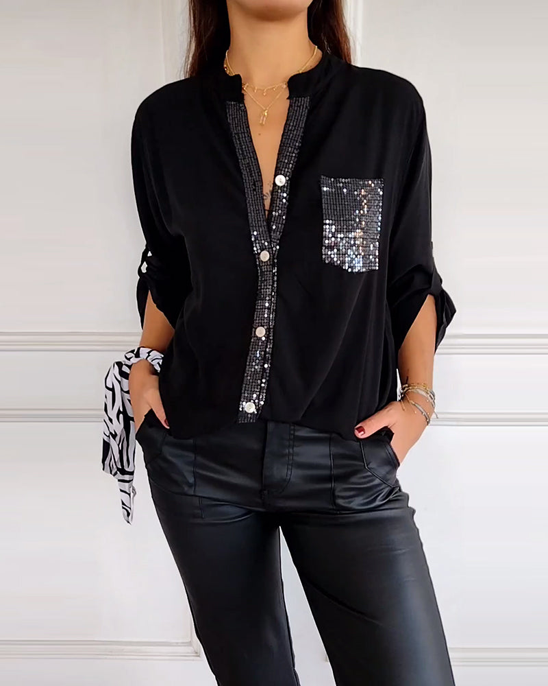 W&W Mode - Schicke Bluse mit Knopfleiste und Paillettenbesatz für Damen | Elegante Langarmbluse mit Paillettentasche