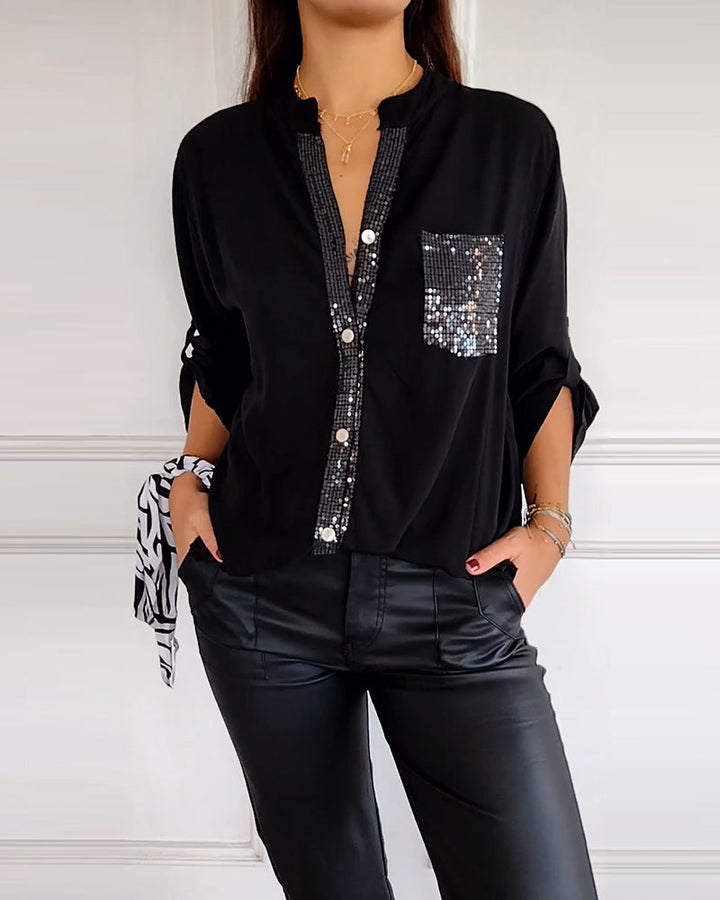 W&W Mode - Schicke Bluse mit Knopfleiste und Paillettenbesatz für Damen | Elegante Langarmbluse mit Paillettentasche