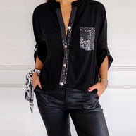 WW - Schicke Bluse mit Knopfleiste und Paillettenbesatz für Damen | Elegante Langarmbluse mit Paillettentasche