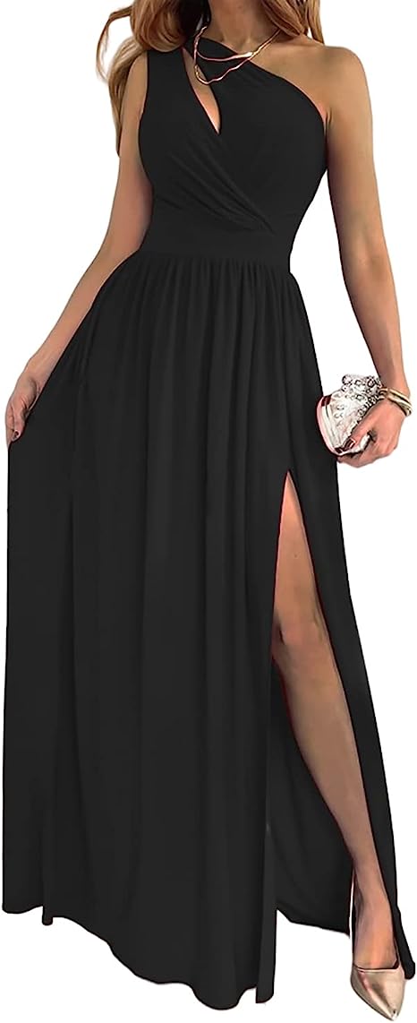 W&W Mode Damen-Cocktail-Maxikleid mit Ein-Schulter-hohem geteiltem Ausschnitt