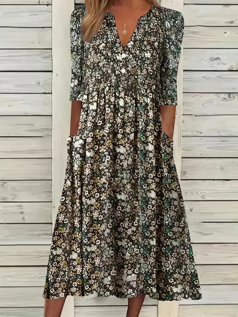 WW | Midikleid A-Linie Passform V-Ausschnitt 3/4 Ärmel Blumenmuster