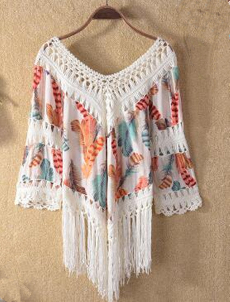 Damen lässiger Strandponcho mit fransigen Details und trendigem Muster WW