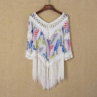 Damen lässiger Strandponcho mit fransigen Details und trendigem Muster WW