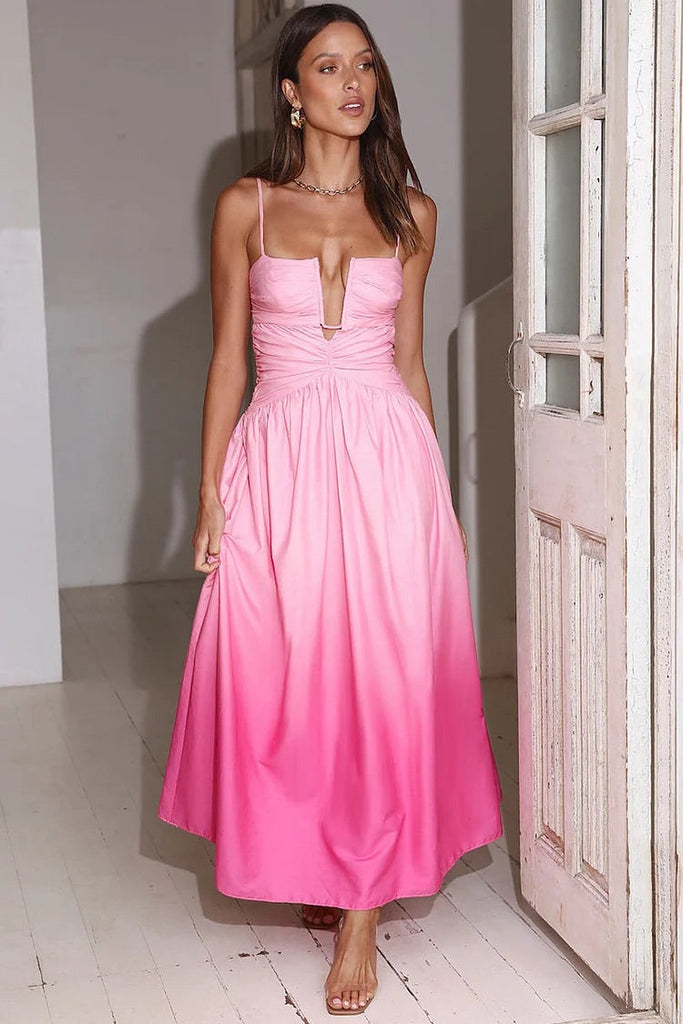 WW | Gradient Color V-Ausschnitt Rückenauschnitt Prom Slip Maxi Kleider
