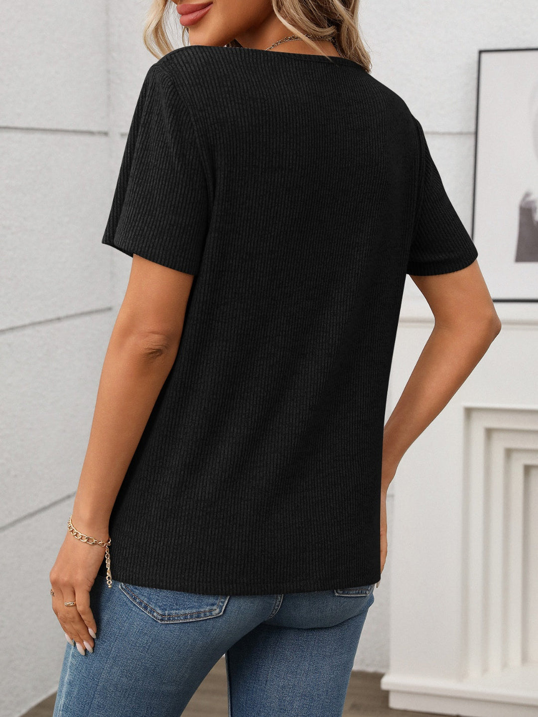 W&W Mode | Geripptes V-Ausschnitt Kurzarm T-Shirt