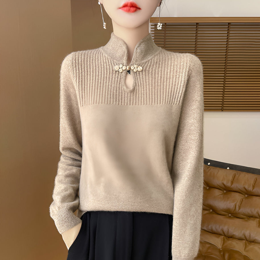 WW | Eleganter Merino-Wollpullover im chinesischen Stil