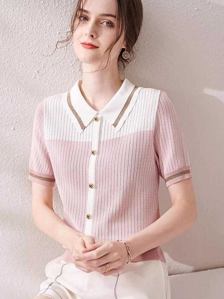 WW | Colorblock Hohlsaum Kurzarmpullover Pink