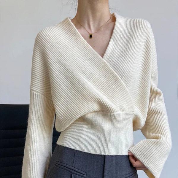 WW | Klassischer Herbst Wickelpullover mit Statement Ausschnitt für Frauen