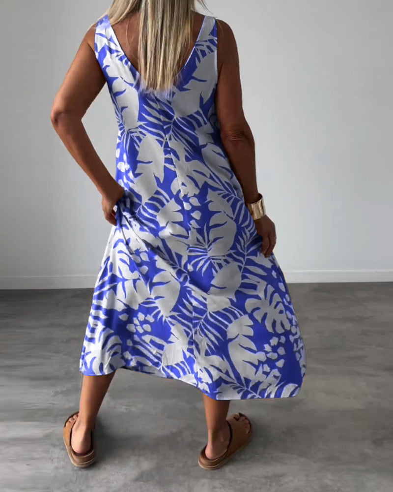 WW | Lässiges, Ärmelloses Kleid mit Blattmuster