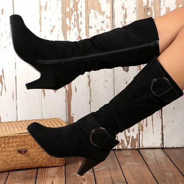 WW | Damen Knielange Stiefel mit Reißverschluss und Schnalle Stilvolle Hohe Stiefel