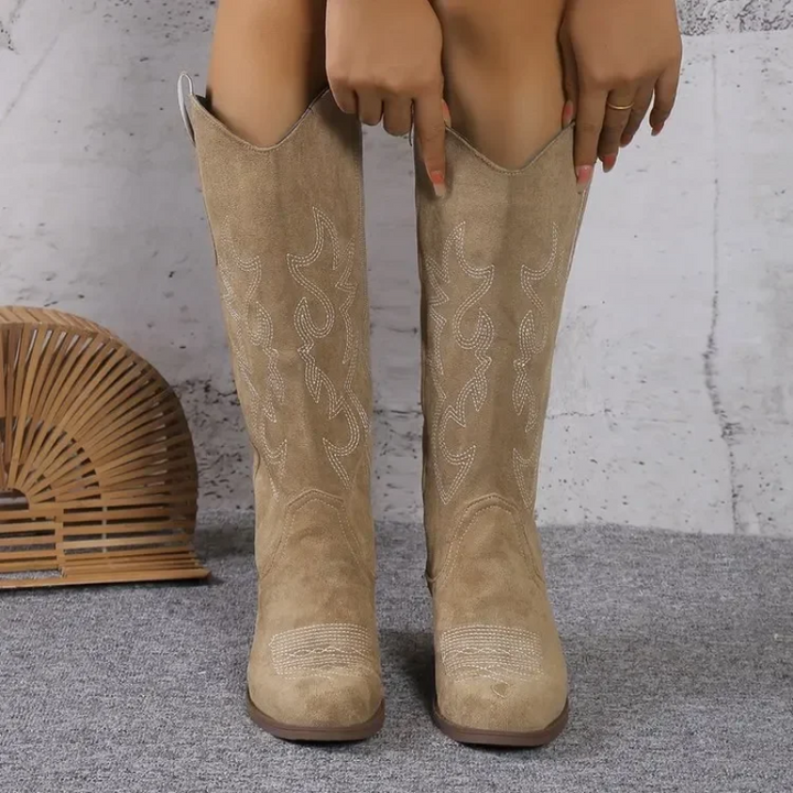 W&W Mode | Wildleder Western Stiefel mit Bestickten Details Cowboy Stiefel Damen