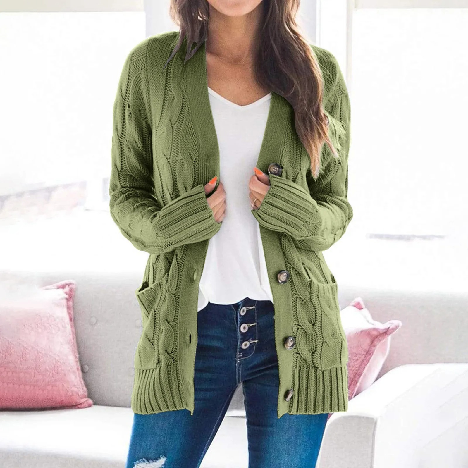 WW | Stylische Lange Strickjacke Für Damen Mit Knopfleiste