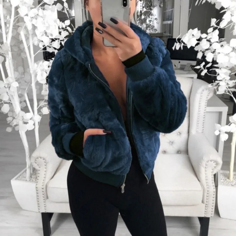WW | Teddy Jacke Damen Kurzjacke Mit Kapuze Und Reißverschluss