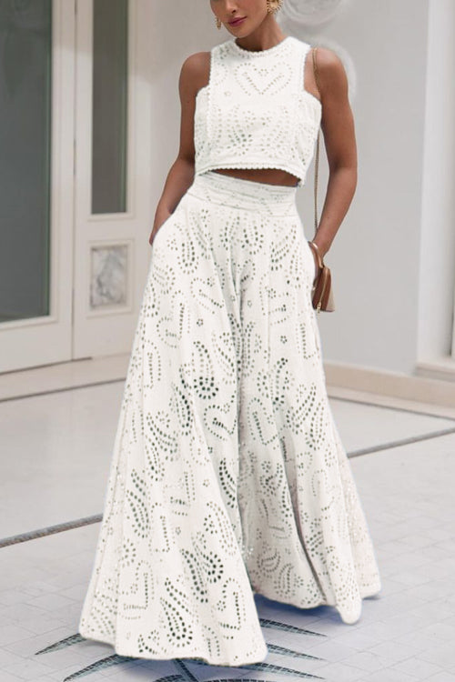 WW | Rosiedress Spitze Hollow Out Rundhals Crop Tank Top Hohe Taille Maxi Swing Rock Set