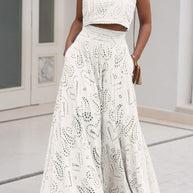WW | Rosiedress Spitze Hollow Out Rundhals Crop Tank Top Hohe Taille Maxi Swing Rock Set