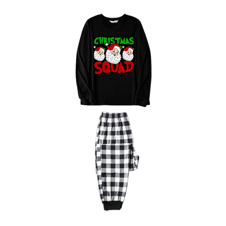 WW | "Santa Squad" und Santa Claus Druck Schwarzes Langarmshirt mit Schwarz-Weißen Karohosen Familienpassende Schlafanzüge