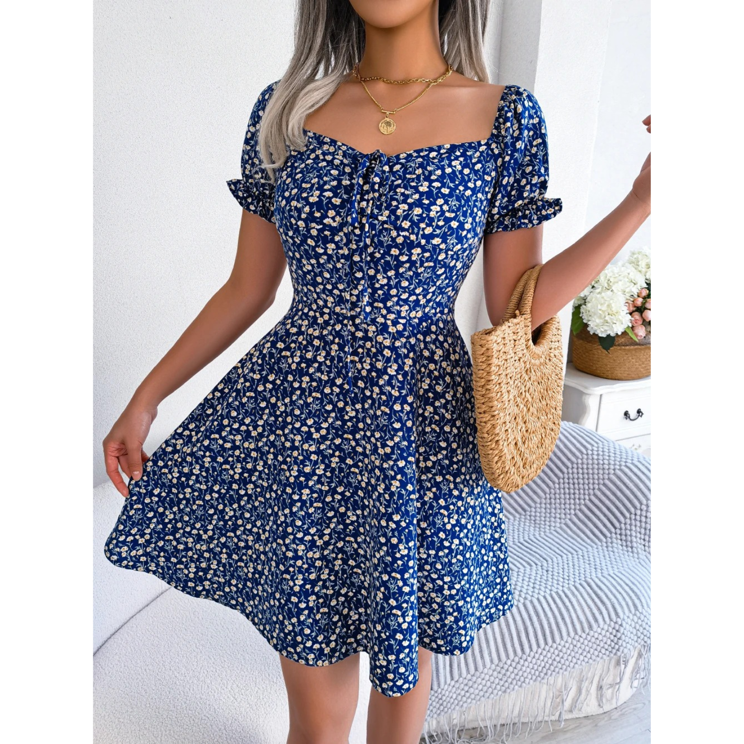 WW | Sommerkleid mit blumenverzierten Puffärmeln für Damen