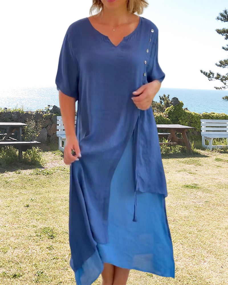 WW | Asymmetrisches Kleid mit kurzen Ärmeln und V-Ausschnitt