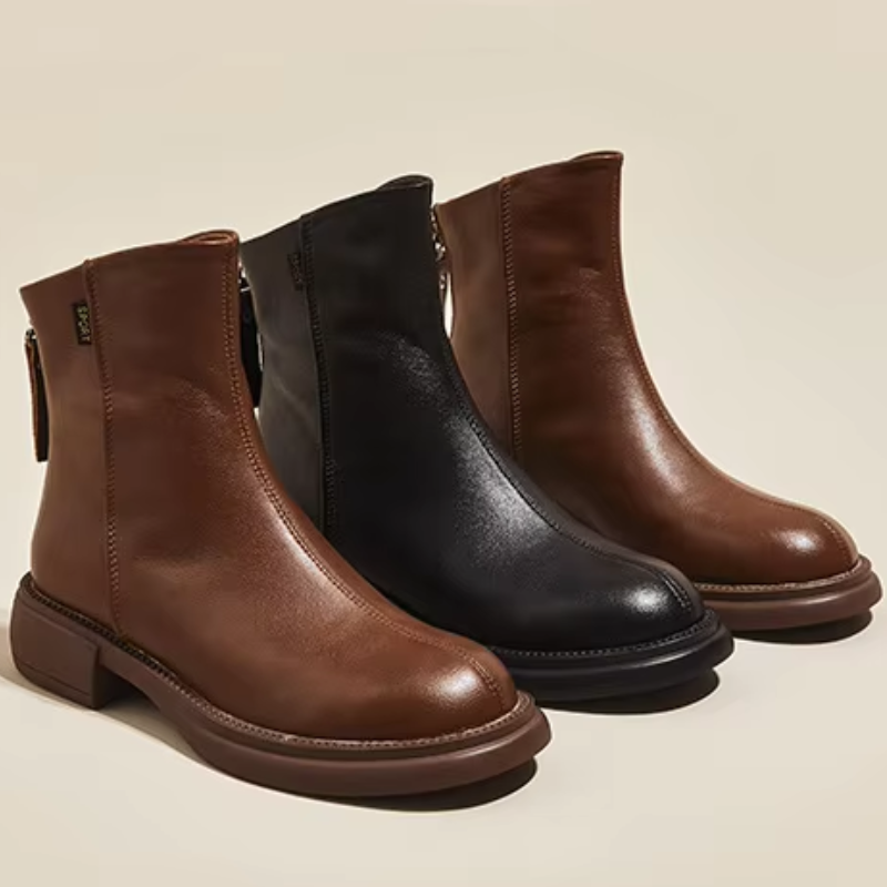 Damen Leder-Ankle-Boots mit rückseitigem Reißverschluss und niedrigem Absatz