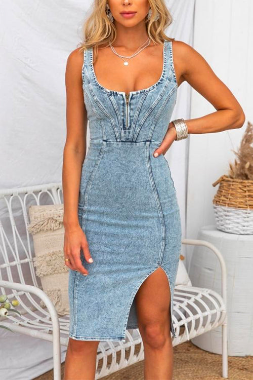 WW | U-Hals Reißverschluss Schlitz Denim Bodycon Cami Kleid