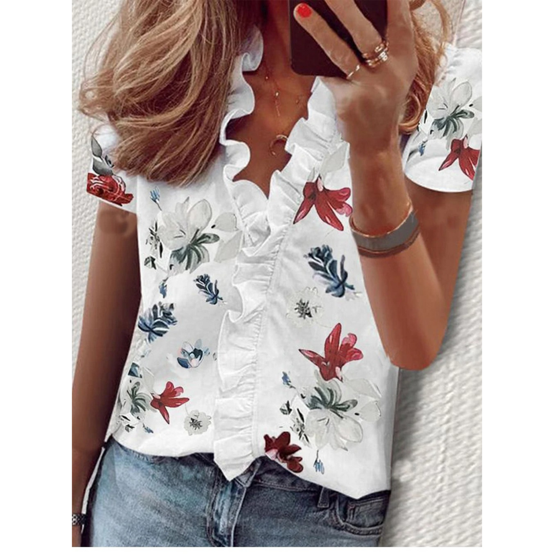 W&W Mode | Chiffon lila Blumenmuster V-Ausschnitt Damenhemd