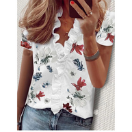 WW | Chiffon lila Blumenmuster V-Ausschnitt Damenhemd