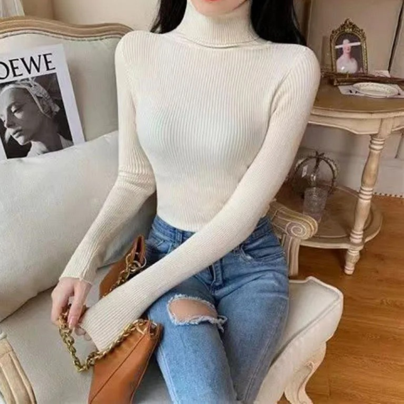 WW | Damen Rollkragenpullover Rippenstrick Stretch Pullover Slim Fit Pullover Rollkragenpullover Damen