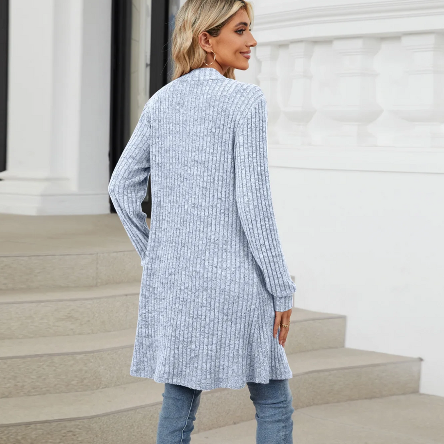 WW | Lange Strickjacken Damen Gerippte Offene Vorderseite Jacke mit Taschen