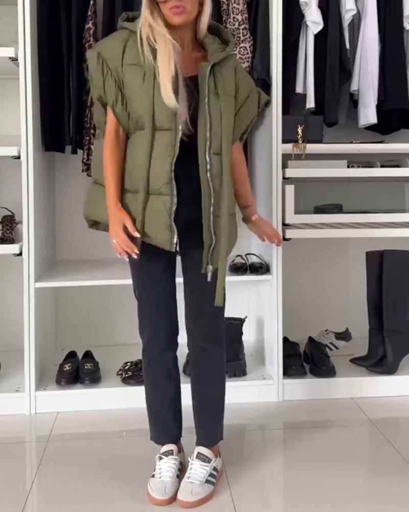 WW | Jacken mit Kapuze Einfarbig Reißverschluss und Kurzen Ärmeln