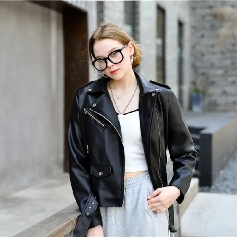 WW | Damen-Biker-Lederjacke mit Reißverschlüssen und Gürtel