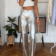WW | Rosiedress High Rise Metallic Fauxleder-Cropped-Hose