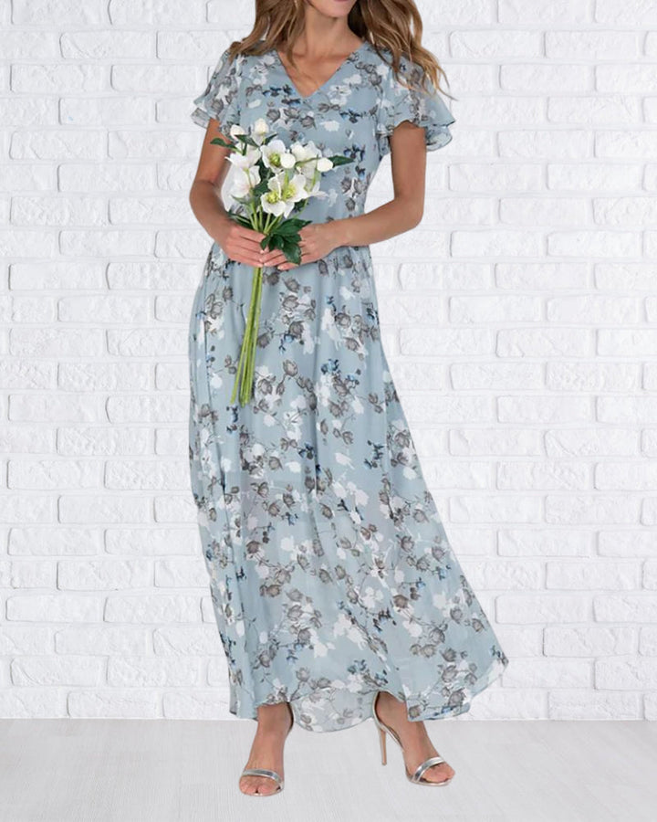 W&W Mode - Florales Maxikleid Damen | Chiffonstoff luftiges Sommerkleid | Maxikleid mit fließendem Rock